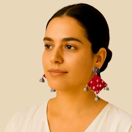 Pink Bandhani Fabric Jhumka Earrings For Women